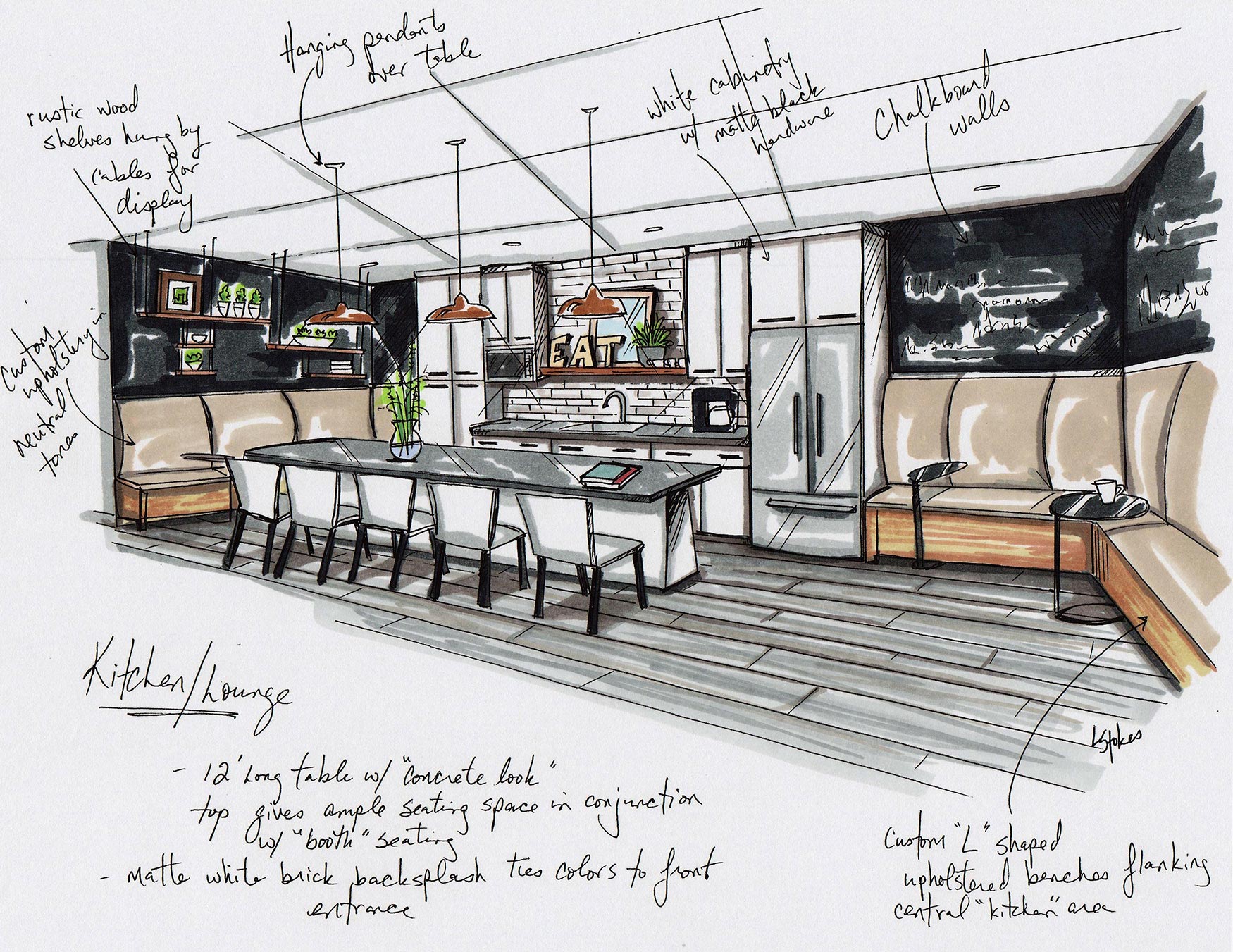 Interior Design Sketches of Evolve College's Kitchen